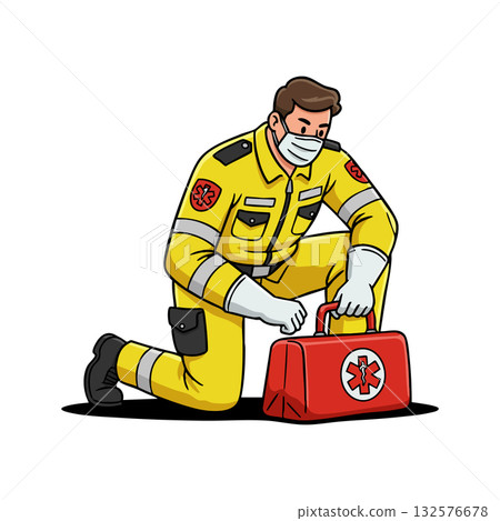 Paramedic Wearing Mask Kneeling with Red Medical Bag Emergency Response Vector Illustration Paramedic Wearing Mask Kneeling with Red Medical Bag Emergency Response Vector Illustration 132576678