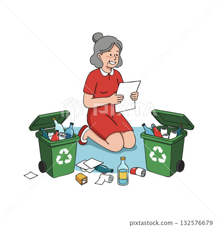 Elderly woman sorting recyclable bottles and paper waste near green recycling bins vector illustration 132576679