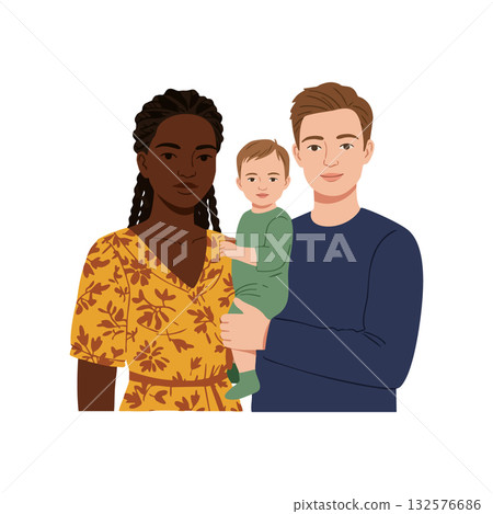 Diverse family with mother father and baby child portrait in casual clothes vector illustration 132576686