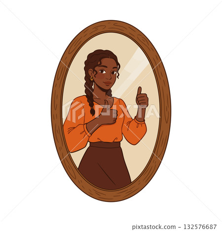 Woman giving thumbs up looking in oval mirror reflection with wooden frame brown and orange clothes 132576687