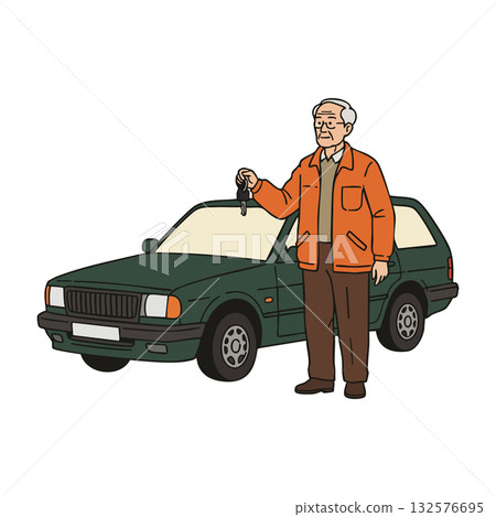 Elderly man holding car keys standing beside green SUV vehicle outdoors vector illustration 132576695