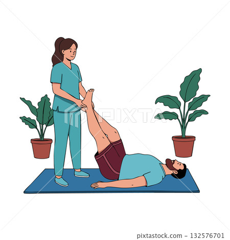 Physical therapist assisting male patient with leg stretch exercise in indoor rehabilitation setting Physical therapist assisting male patient with leg stretch exercise in indoor rehabilitation setting 132576701