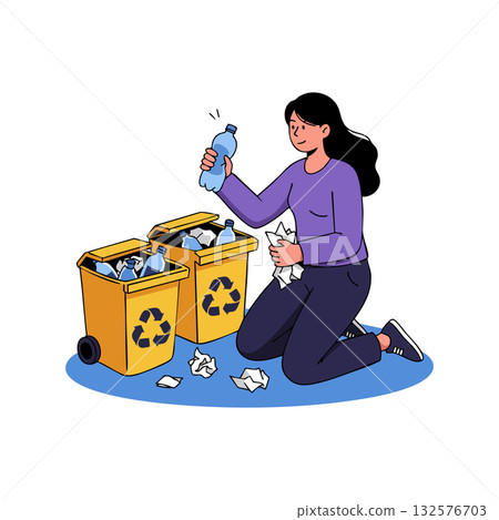 Woman sorting plastic bottles into yellow recycling bins for sustainability and waste management vector illustration 132576703