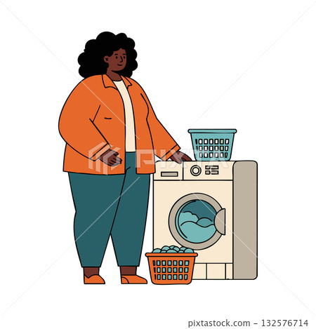 Woman doing laundry with washing machine and baskets in casual clothes vector illustration Woman doing laundry with washing machine and baskets in casual clothes vector illustration 132576714