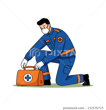 Emergency medical responder kneeling with first aid kit wearing mask and protective uniform vector illustration 132576715
