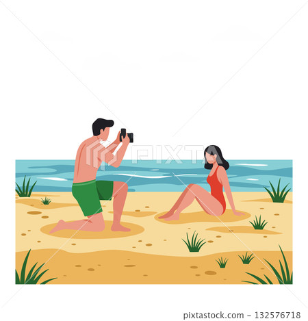 Man taking photo of woman sitting on sandy beach with ocean background vector illustration 132576718
