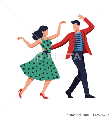 Couple dancing swing style with polka dot dress and red jacket energetic movement vector illustration 132576723