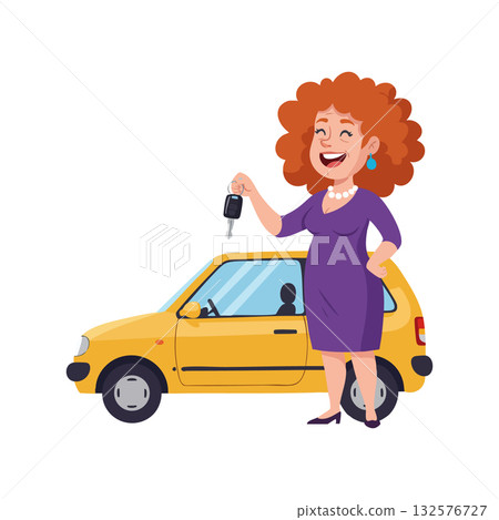 Woman holding car key standing near yellow small vehicle cartoon vector illustration 132576727