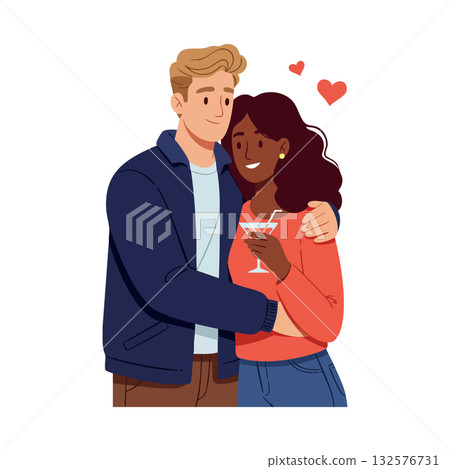 Young interracial couple embracing with drink and hearts romantic illustration 132576731