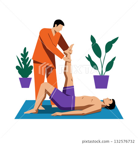 Physical therapy session with male therapist assisting man on mat in orange and purple clothes Physical therapy session with male therapist assisting man on mat in orange and purple clothes 132576732