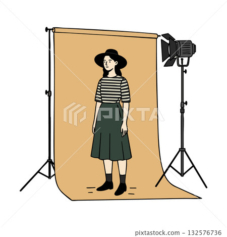 Woman posing in photography studio with beige backdrop and lighting equipment vector illustration Woman posing in photography studio with beige backdrop and lighting equipment vector illustration 132576736