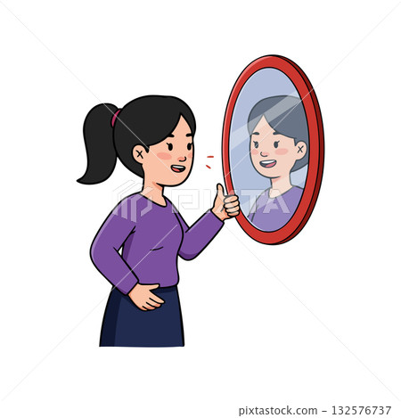 Woman Giving Thumbs Up to Reflection in Mirror Positive Self Image Vector Illustration 132576737