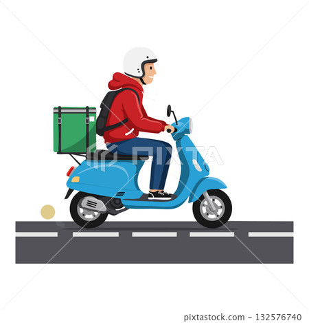Delivery person riding blue scooter with green box on city road vector illustration 132576740
