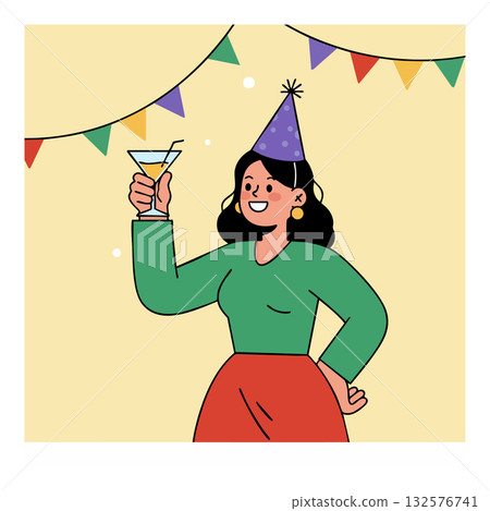 Woman Celebrating Birthday Party with Martini Glass and Party Hat Vector Illustration Woman Celebrating Birthday Party with Martini Glass and Party Hat Vector Illustration 132576741