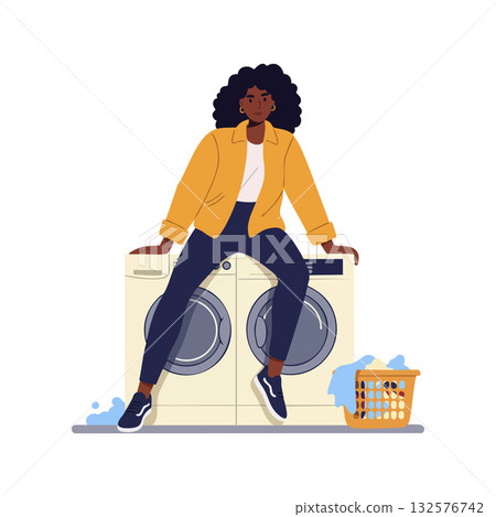 Woman sitting on washing machine with laundry basket casual lifestyle vector illustration Woman sitting on washing machine with laundry basket casual lifestyle vector illustration 132576742