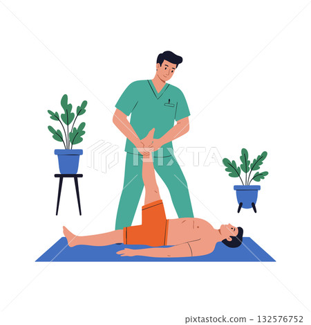 Physical therapist stretching patient leg during rehabilitation session indoors 132576752