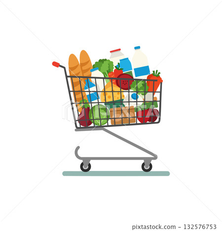 Shopping cart filled with groceries including bread milk vegetables and fruits vector illustration Shopping cart filled with groceries including bread milk vegetables and fruits vector illustration 132576753
