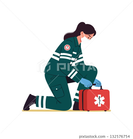 Female Paramedic Wearing Protective Mask and Gloves Kneeling with Medical Kit Vector Illustration 132576754