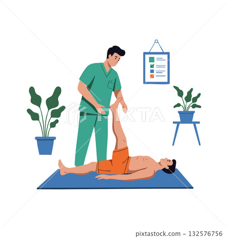 Physical therapist assisting patient with leg stretch exercise in healthcare setting vector illustration 132576756