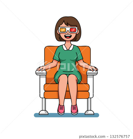 Woman wearing 3D glasses sitting in orange chair enjoying movie entertainment vector Woman wearing 3D glasses sitting in orange chair enjoying movie entertainment vector 132576757
