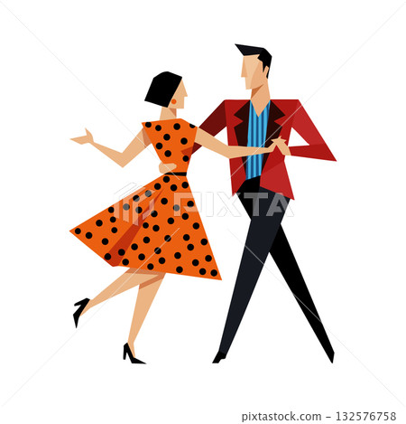 Retro couple dancing in polka dot dress and red jacket vector illustration 132576758