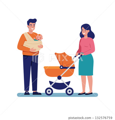 Happy young parents with baby stroller and infant in sling enjoying family time vector illustration 132576759