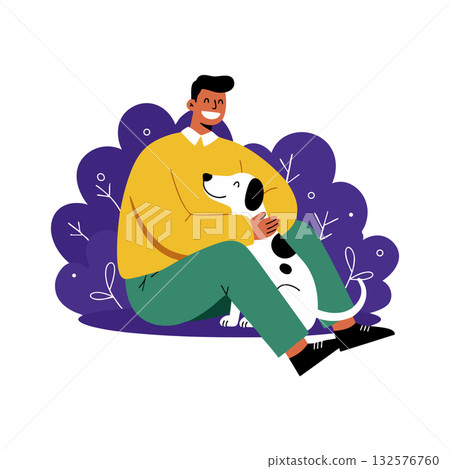 Man sitting on ground hugging dog with purple leaves in background vector illustration Man sitting on ground hugging dog with purple leaves in background vector illustration 132576760