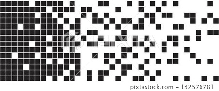 Black and white pixel background with halftone effect. Random square shapes abstract pattern. Explosion, dissolvation, disintegration or disappearing process concept. Vector graphic illustration 132576781