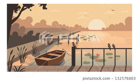 Sunset landscape with boat dock and water lilies in calm lake vector illustration Sunset landscape with boat dock and water lilies in calm lake vector illustration 132576803