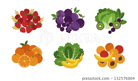 Colorful assortment of fresh fruits including strawberries, grapes, kiwi, oranges, bananas, and apricots vector illustration Colorful assortment of fresh fruits including strawberries, grapes, kiwi, oranges, bananas, and apricots vector illustration 132576804