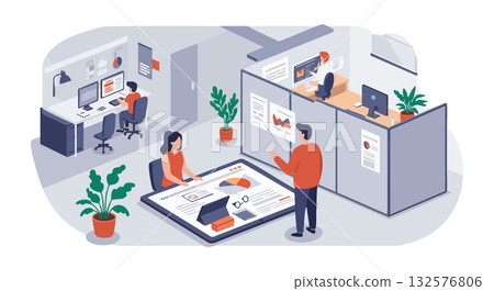 Office workspace with employees collaborating on digital projects vector illustration Office workspace with employees collaborating on digital projects vector illustration 132576806