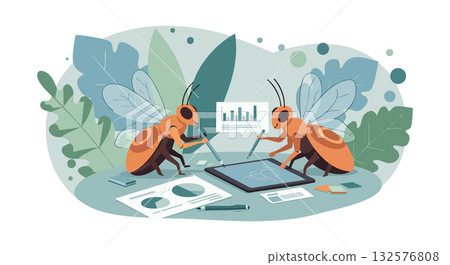 Bees working on digital tablet with financial charts and leaves vector illustration Bees working on digital tablet with financial charts and leaves vector illustration 132576808