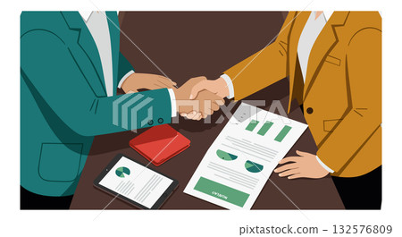 Business Meeting Handshake Agreement with Financial Reports and Documents on Table vector illustration Business Meeting Handshake Agreement with Financial Reports and Documents on Table vector illustration 132576809