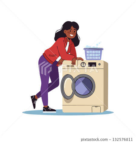 Woman doing laundry with front load washing machine household chores vector Woman doing laundry with front load washing machine household chores vector 132576811