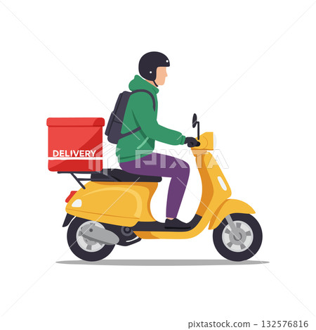 Delivery person riding yellow scooter with red box and green jacket vector illustration Delivery person riding yellow scooter with red box and green jacket vector illustration 132576816