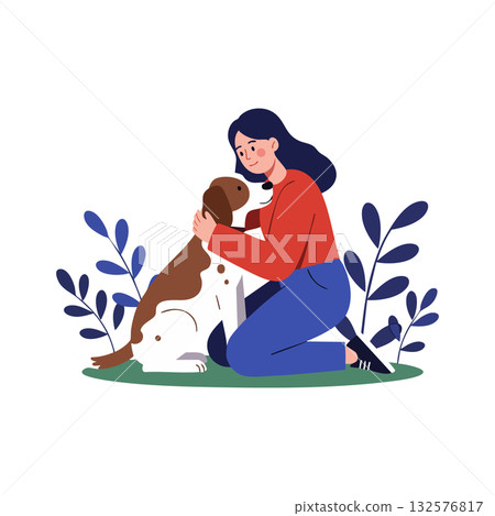 Woman Hugging Brown and White Dog in Garden with Blue Leaves Vector Illustration 132576817