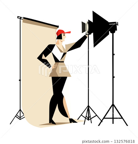 Photographer adjusting studio lighting equipment in minimalistic vector illustration 132576818
