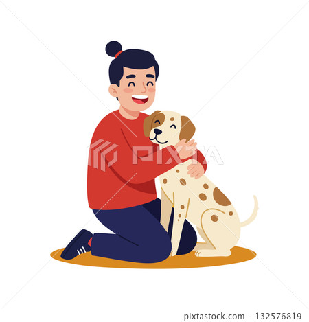 Woman hugging happy spotted dog sitting on orange rug friendly pet care vector illustration 132576819