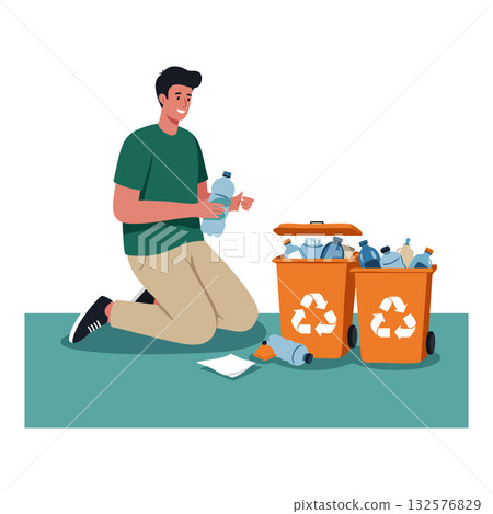 Man sorting recyclable plastic bottles into orange bins for waste management and recycling awareness vector illustration 132576829