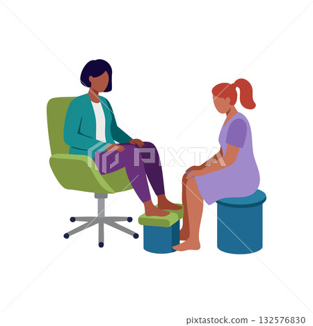 Pedicure session with professional technician and client in purple dress vector illustration 132576830