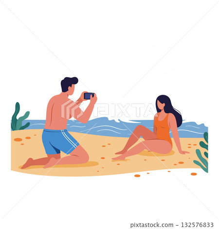 Couple at beach taking photo with smartphone on sandy shore near ocean waves vector illustration 132576833