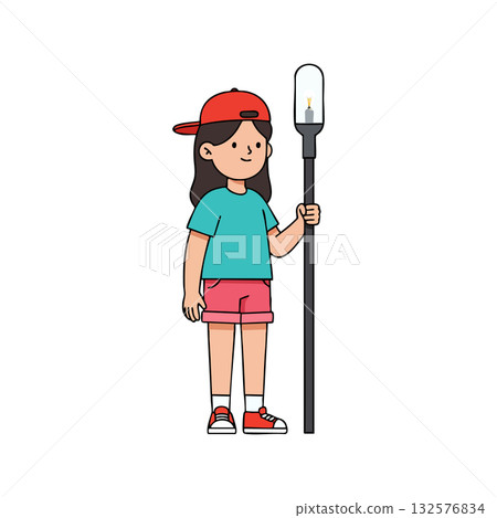 Girl holding tall lantern wearing red cap and casual summer clothing vector illustration 132576834