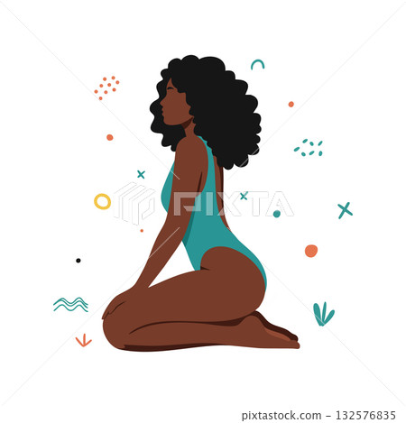 Woman with curly hair in teal swimsuit kneeling on floor with abstract shapes vector illustration Woman with curly hair in teal swimsuit kneeling on floor with abstract shapes vector illustration 132576835