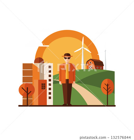 Man standing in orange jacket with urban buildings and wind turbine rural landscape vector illustration 132576844