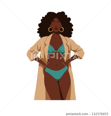 Confident woman in teal bikini and beige coat fashion illustration vector Confident woman in teal bikini and beige coat fashion illustration vector 132576855
