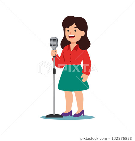 Woman singing with vintage microphone in red top and green skirt vector illustration 132576858