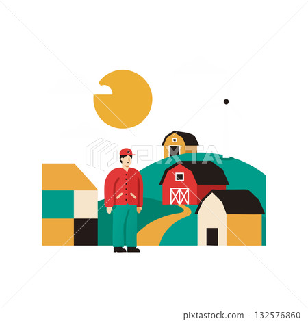 Farmer standing near red barn and countryside houses under sun vector illustration 132576860
