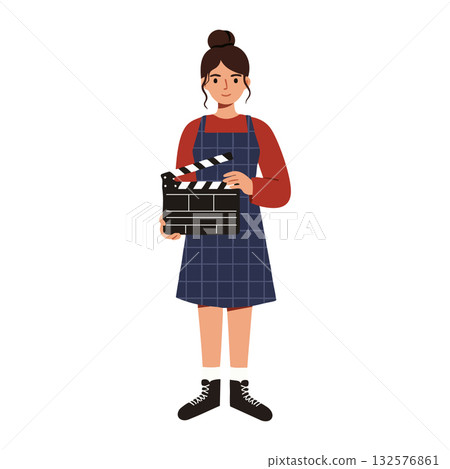 Young woman holding movie clapperboard wearing checkered dress and red shirt vector illustration 132576861