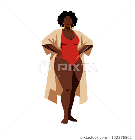 Confident plus size woman in red swimsuit and beige cover up standing pose vector illustration 132576862