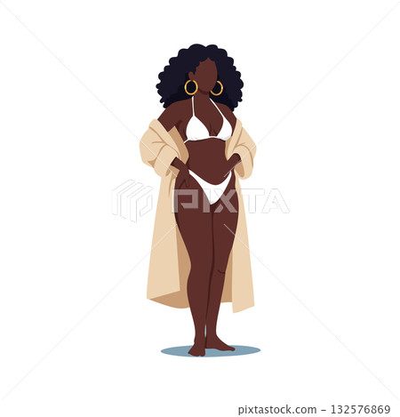 Confident woman in white bikini and beige coat with curly hair standing pose vector illustration 132576869